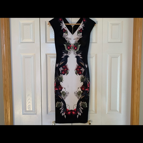 Ted Baker Darnet Bejewelled Shadow black white birds Bodycon Dress 0 - Picture 3 of 12